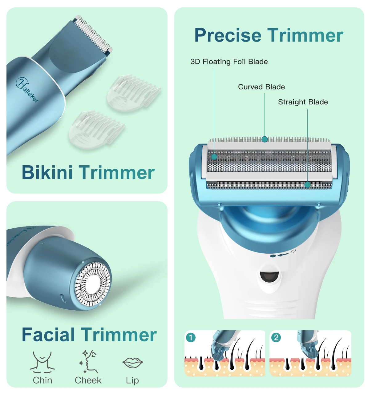 Hatteker 3-in-1 Portable Hair Removal Device USB Rechargeable with Light Ladies Intelligent Electric Hair Removal Device