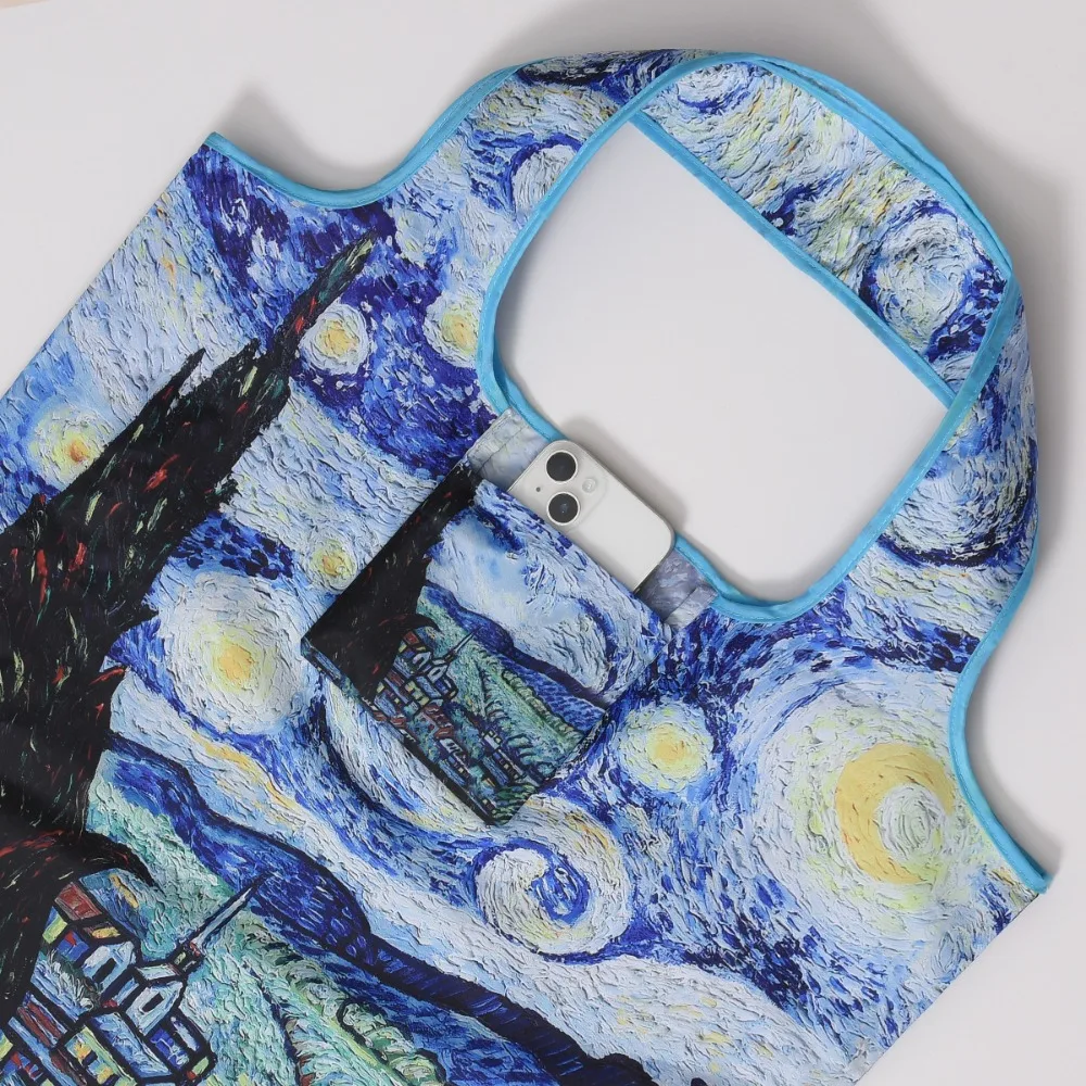 Van Gogh Hand Painted Oil Painting Shopping Bag Famous Painting Pattern Storage Bag Portable Foldable Travel Bag One Shoulder