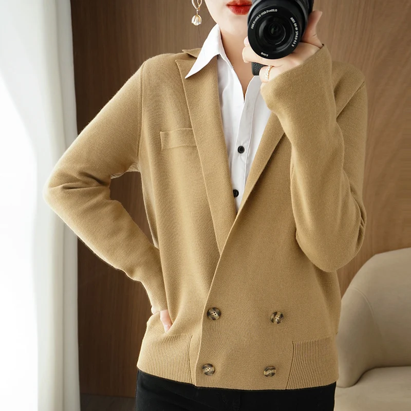 Autumn Winter New Women Fine Wool Sweater Tailored Collar Appear Thin Knitted Cardigan Casual Slim Bottoming Coat Versatile Tops