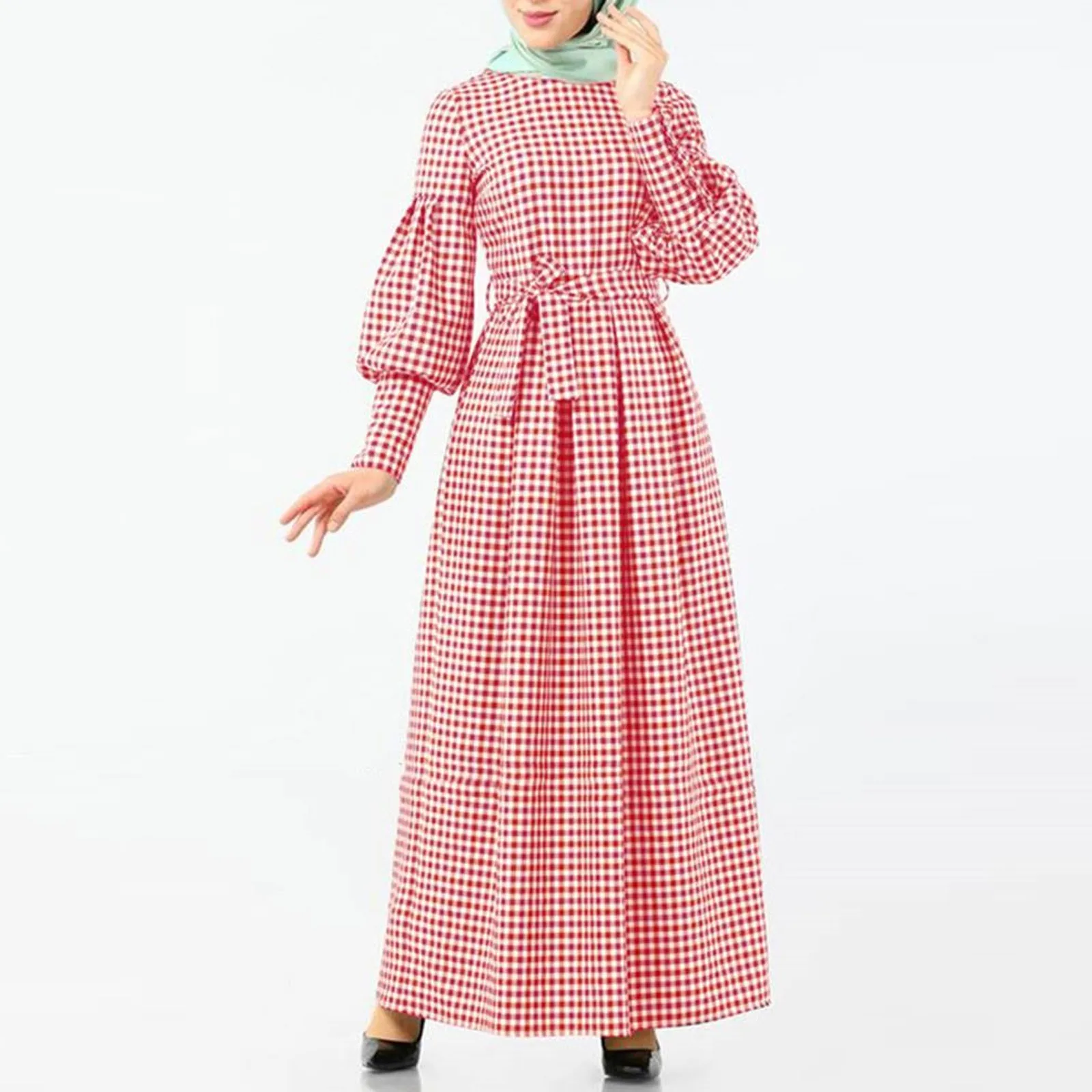 

Women's Muslim Vintage Plaid Long Sleeve Dress Vintage Pullover Robe Prayer Clothes sweet