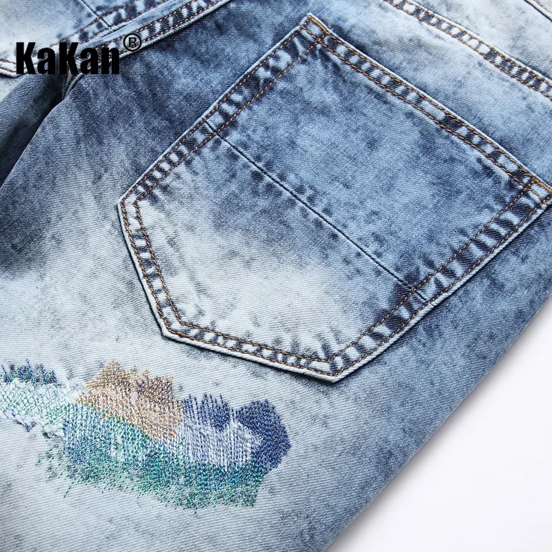 Kakan - New Colorful Embroidered Random Thread Broken Hole Jeans for Men, Personalized Small Leg Pants K19-8841