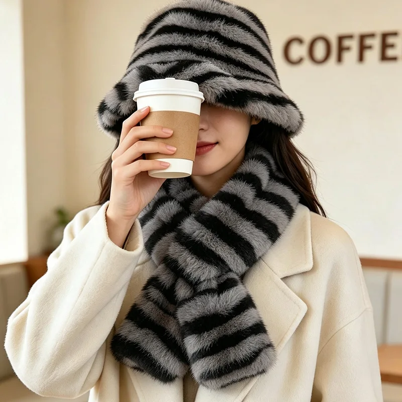 2pcs New winter striped plush hat and scarf set Korean-style warm and cold-resistant bucket caps with a cozy and stylish look