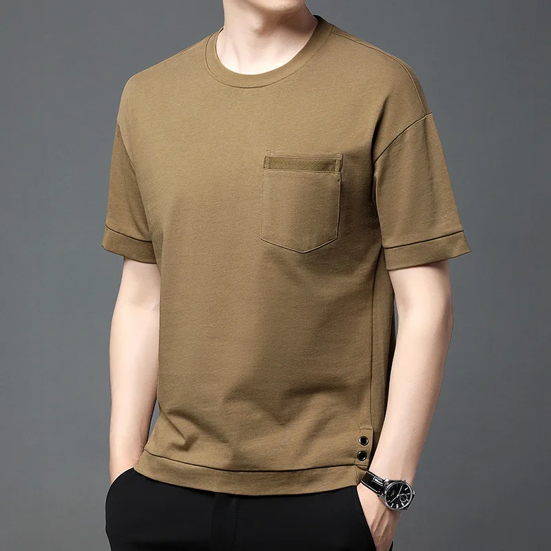 

Летняя хлопковая мужская рубашка с короткими рукавами и настоящими карманами, базовая рубашка для папы с круглым вырезом, повседневная свободная мужская одежда