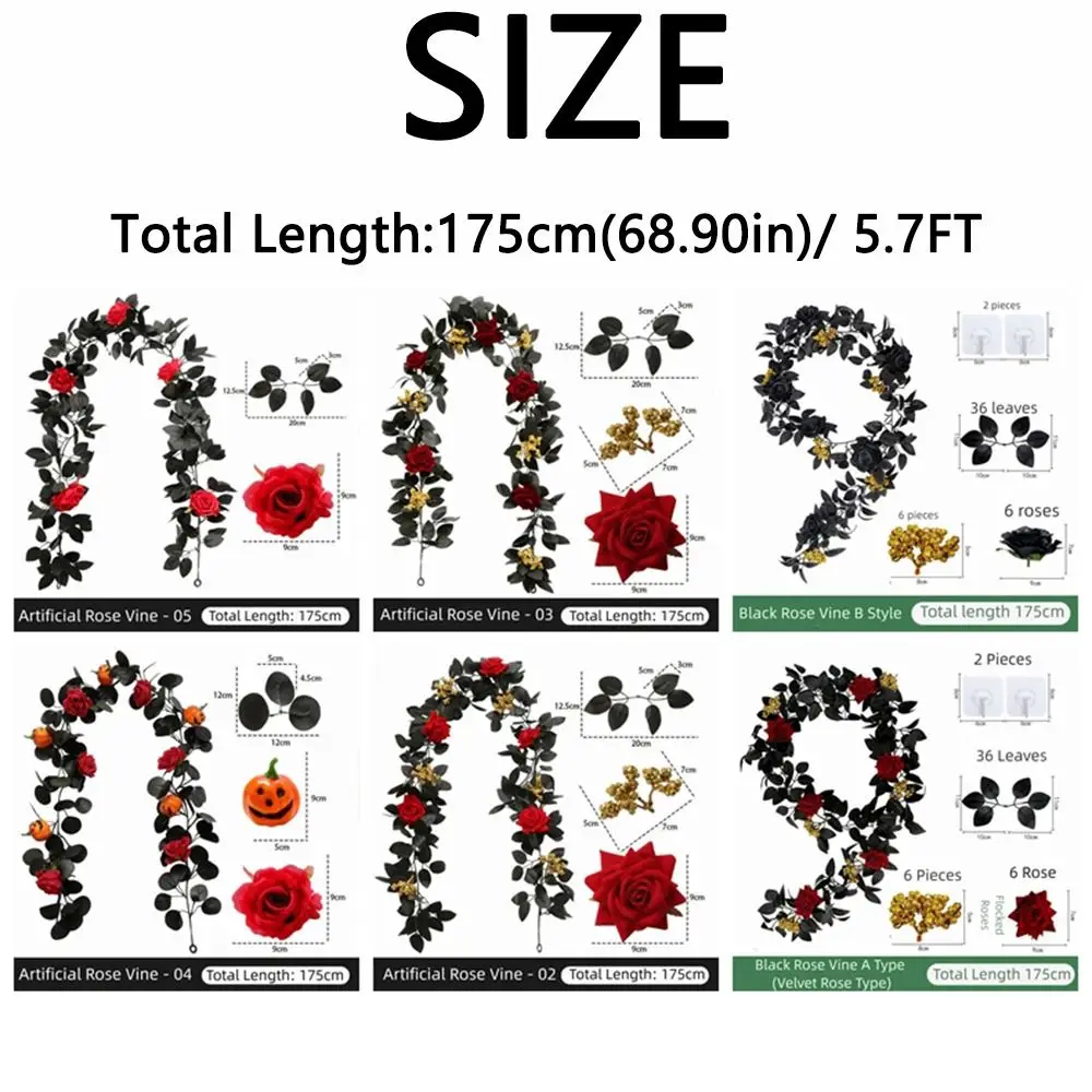 Realistic Halloween Rose Leaf Vines Plastic 175cm Artificial Rose Vines Simulated Rose Scene Layout