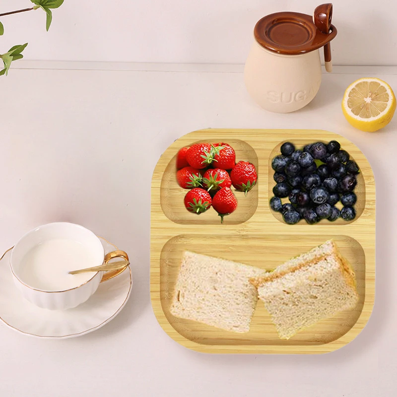 Baby Bambus Saugnapf Gabel & Löffel Set Rutschfestes Besteck Kinderfütterungstablett BPA-frei