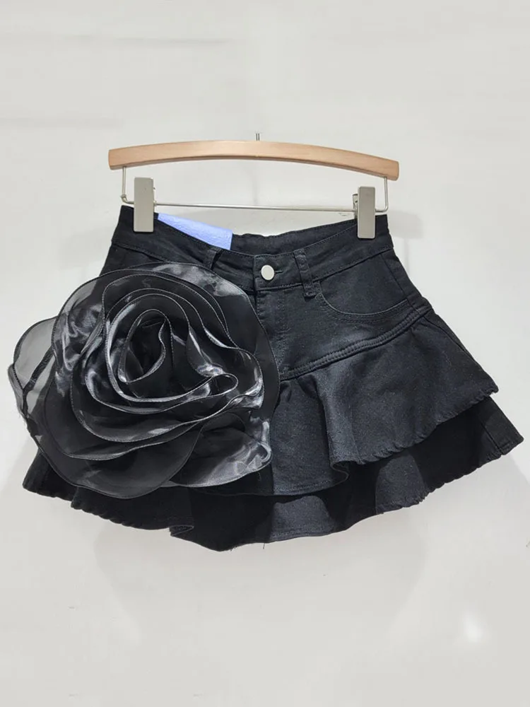 Fashion Ruffled Edge Three-dimensional Large Flower A-line Blue White Black Mini Skirt For Women 2024 Spring Summer X859