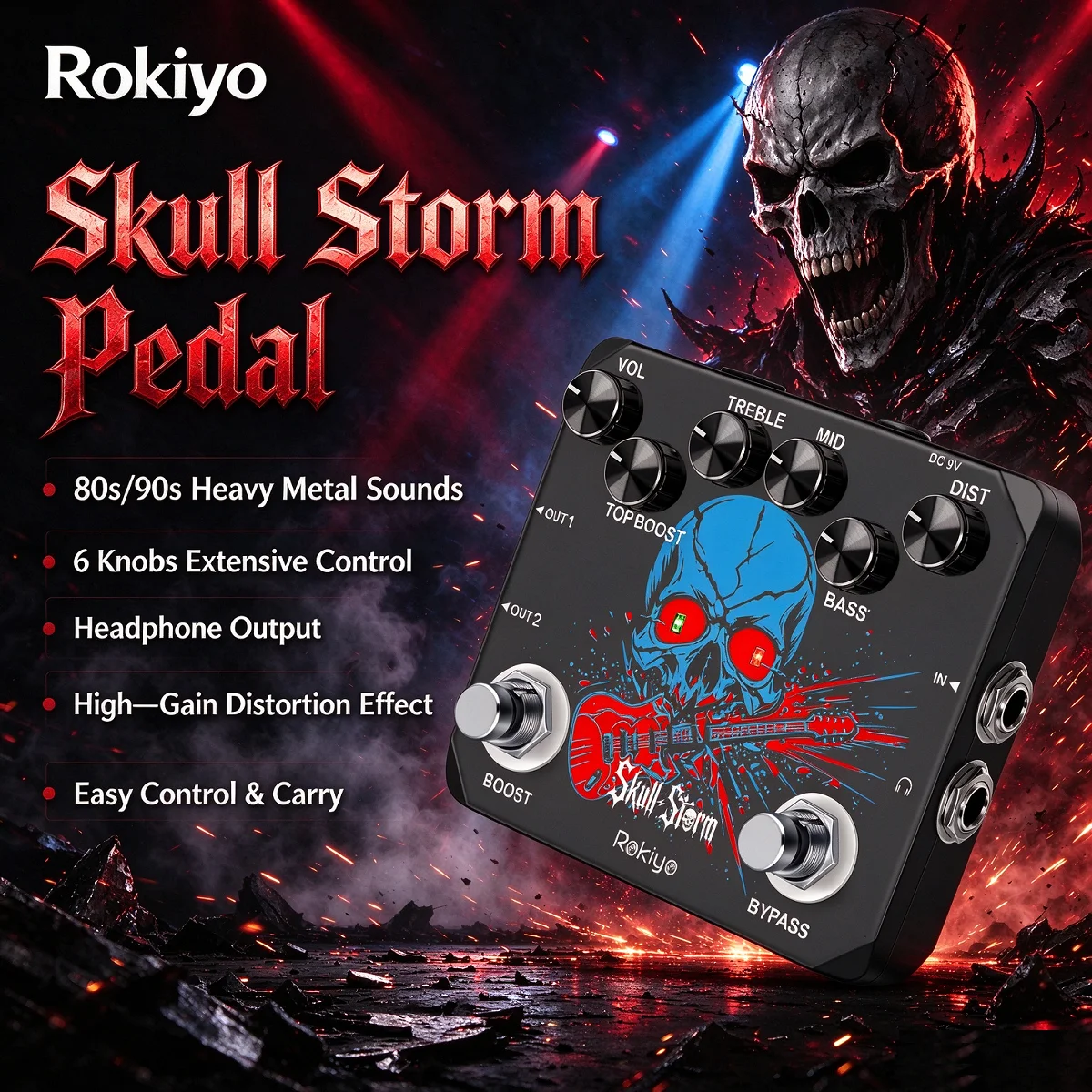 Rokiyo Electric Guitar Heavy Metal Distortion Pedal Skull Storm Classic 80s/90s Ultimate High-Gain Effect Crazy Dist Effector