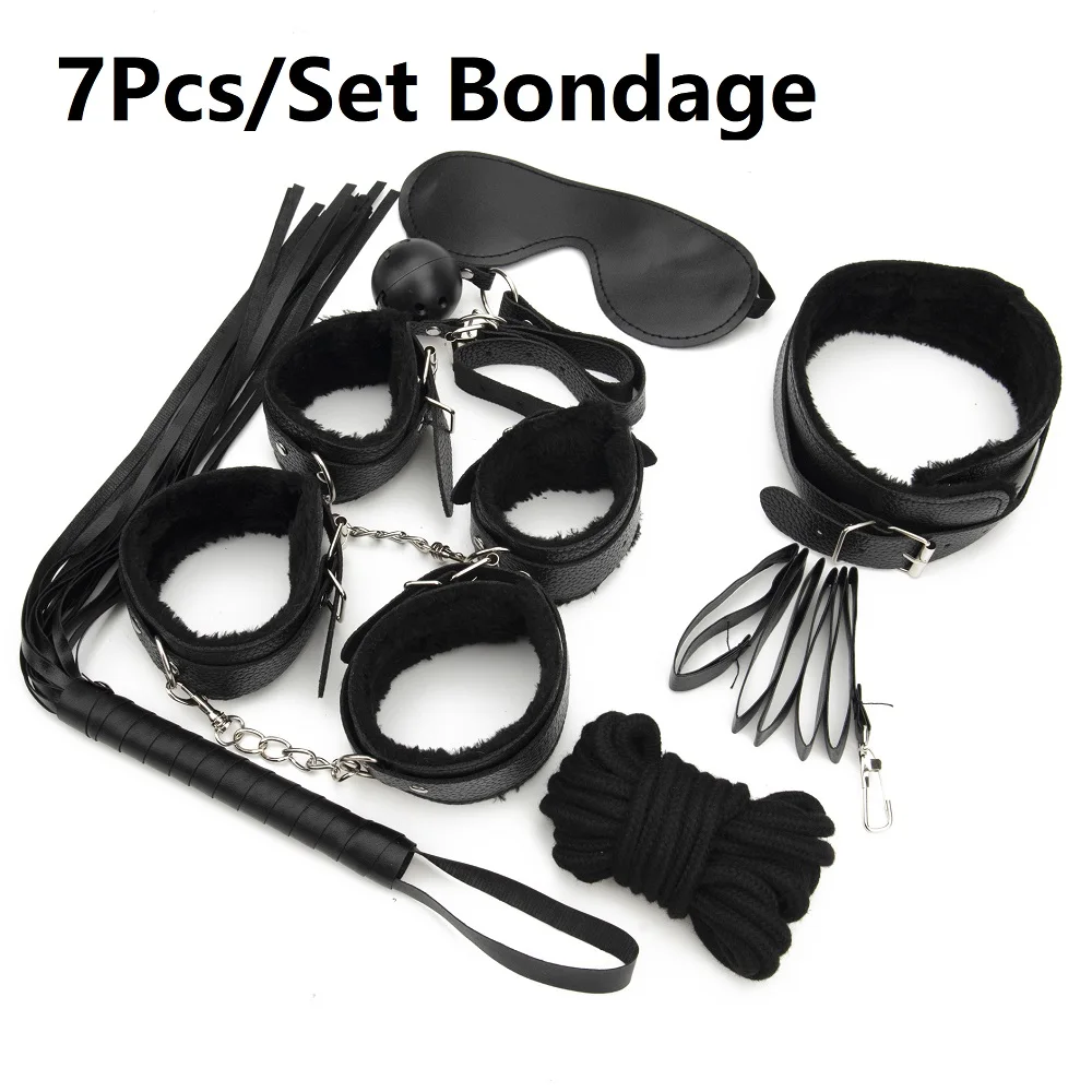 

Sexy Leather BDSM Kits Plush Sex Bondage Set Handcuffs Sex Games Whip Gag Nipple Clamps Sex Toys For Couples Exotic Accessories