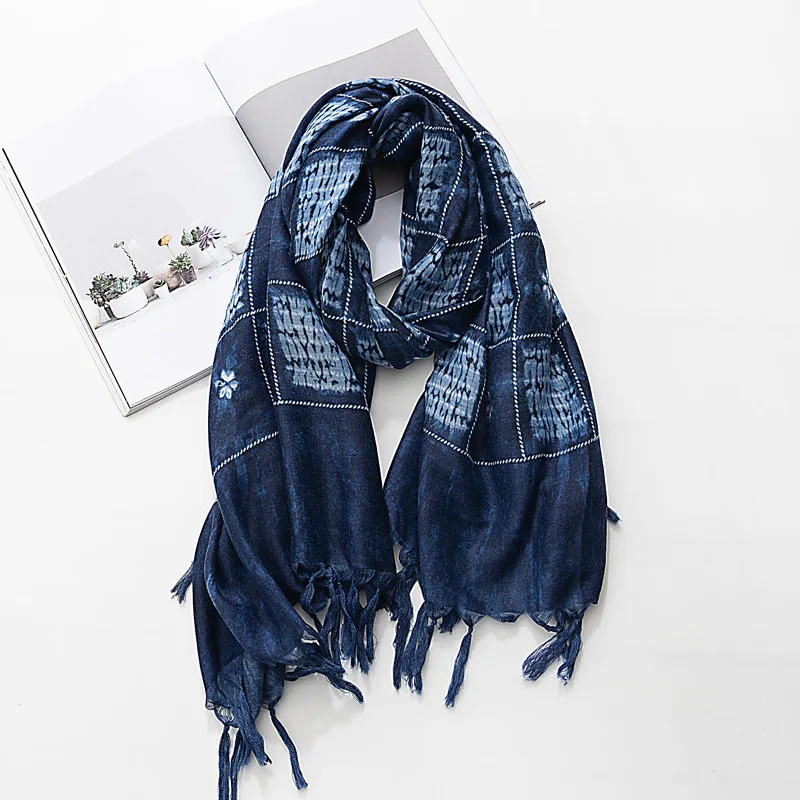 Batik Dye Women Foulard Navy Blue Scarf Muslim Winter Warm Bandana Long Shawl Tassel Ethnic Style 100*185cm