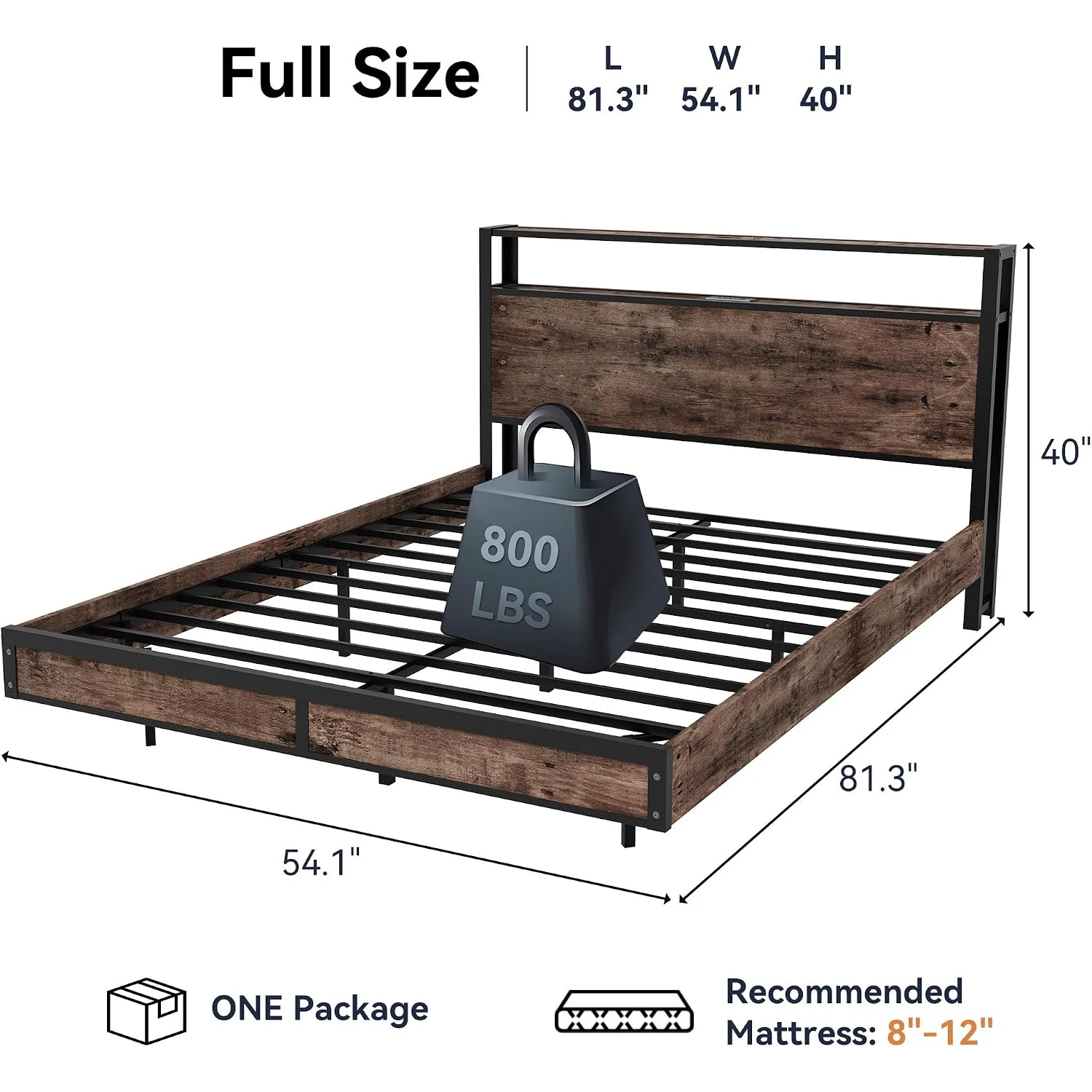 Full Size Bed Frame with Storage Headboard, Sturdy Metal Platform Bed Frame with LED Lights and Charging Station, Easy