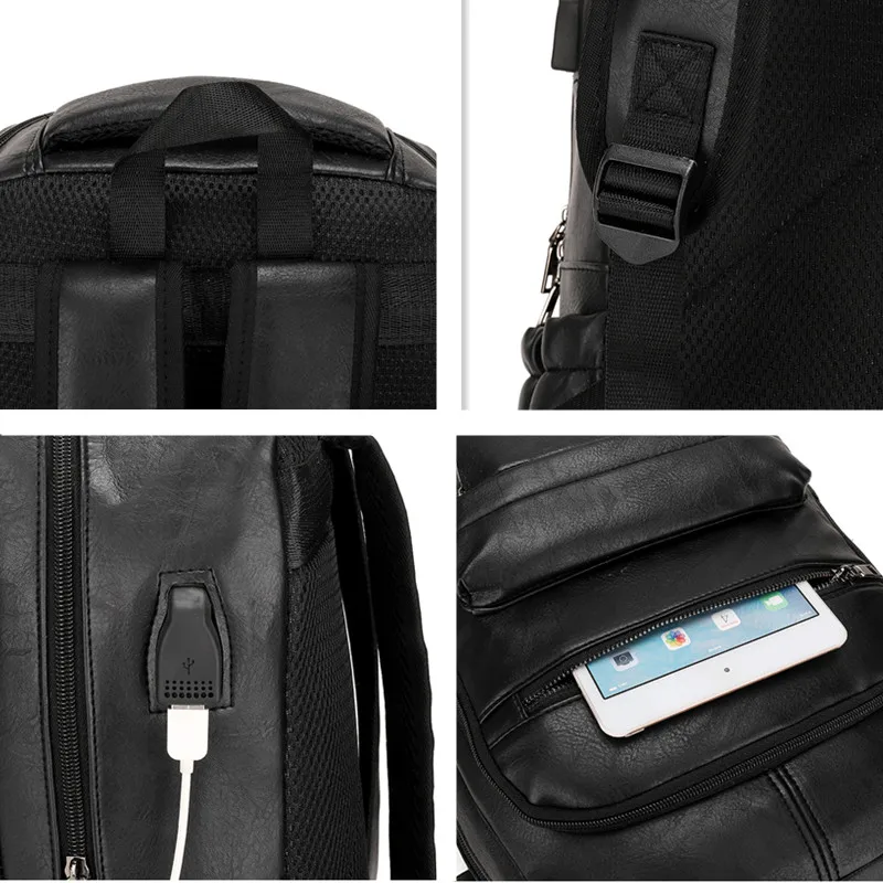 New Vintage Men USB Charging Backpack Large Laptop Bag PU Leather Man Travel Backpack Casual Teenagers School Bags For Boys