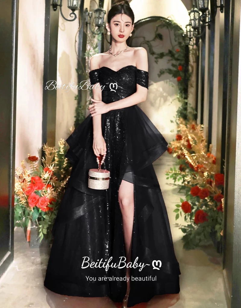 

BeitifuBaby Elegant Dresses for Women Dubai Sleeveless Off The Shoulder Ruched Sequin Slit Lace Party Dress Vestidos حزب اللباس