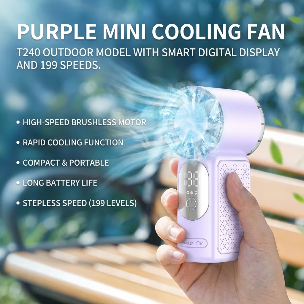 Mini Handheld Fan Brushless Motor Cooling Fan With Digital Display 199 Speed Levels Portable Outdoor USB Rechargeable Pocket Fan