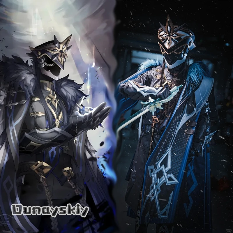Disfraz de Cosplay de Capitán aBc01 del Juego Genshin Impact, Fatui Harbingers Il Capitan, con Peluca, Máscara, Zapatos, Conjunto Completo, Disfraz de Halloween