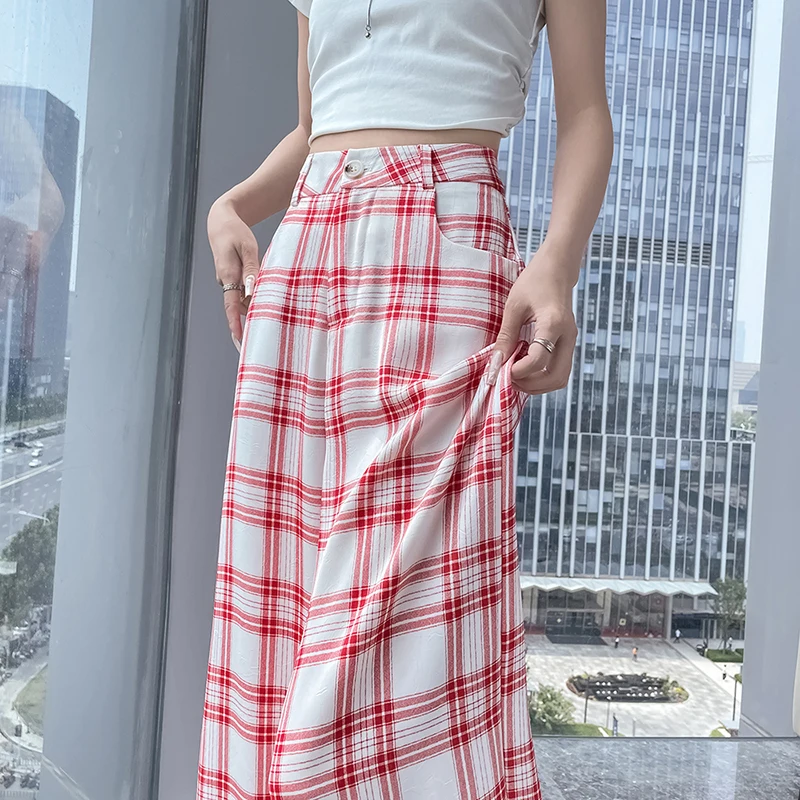 

Клетчатый костюм из ледяного шелка, широкие брюки для женщин летом, высокая талия, свободный и ленивый стиль, прямые повседневные брюки в пол.