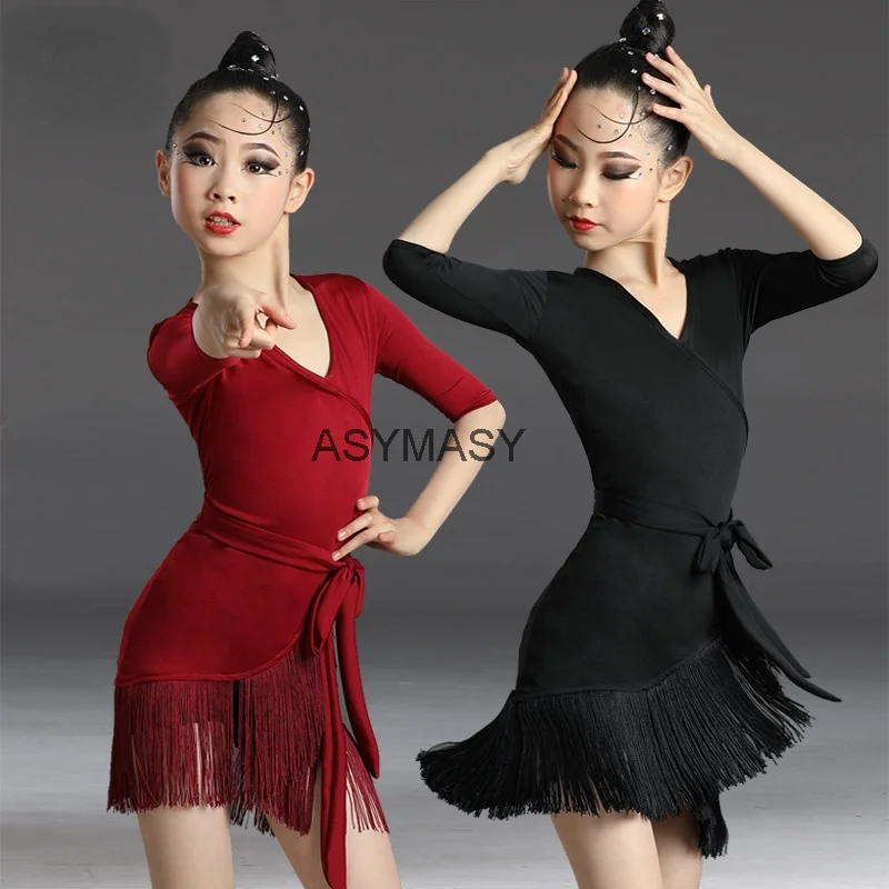 Mid short Sleeve Lace Mesh Mordern Ballroom Dancing Dresses For Kids Sexy Salsa Tango Skirt Children Latin Dance Dress For Girls