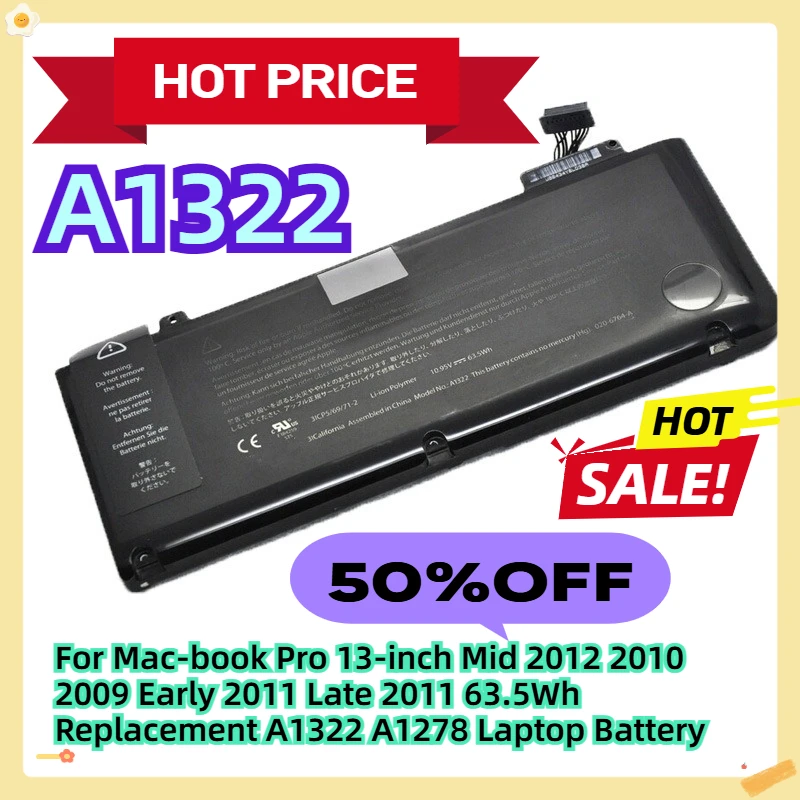 

For Mac-book Pro 13-inch Mid 2012 2010 2009 Early 2011 Late 2011 63.5Wh Replacement A1322 A1278 Laptop Battery