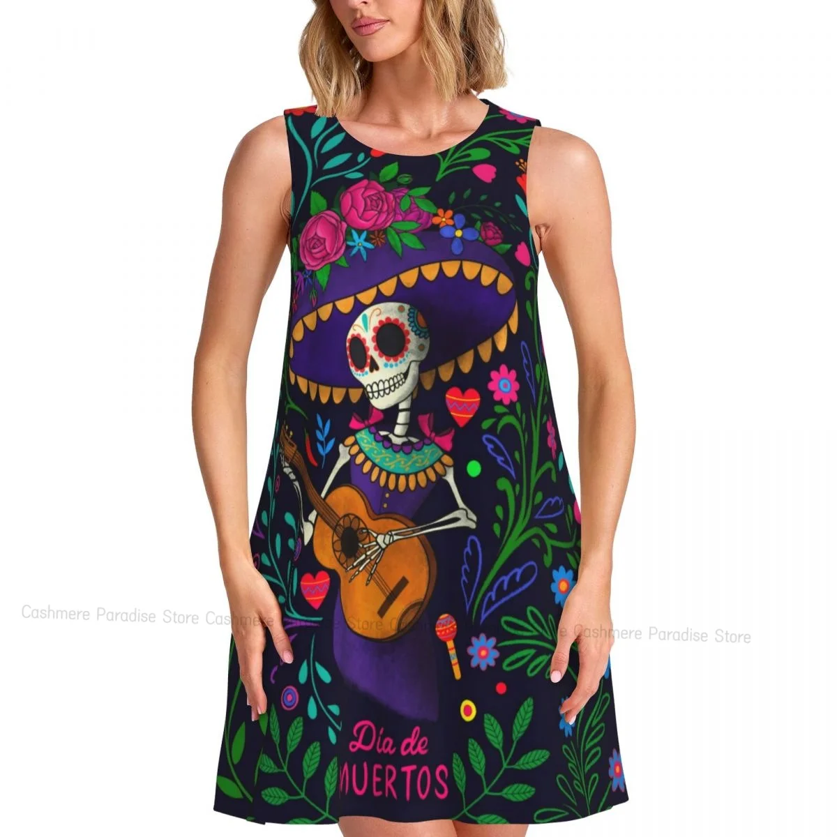 Robes d'été pour femmes, t-shirt de plage, sans manches, squelettes avec Roses, jour des morts, robe débardeur ample décontractée, 2025