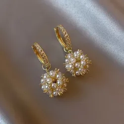 2024 New Trend French Pearl Zircon Hoop Earrings for Women Delicate Summer Fashion Ball Dangle Earring Jewelry Gifts