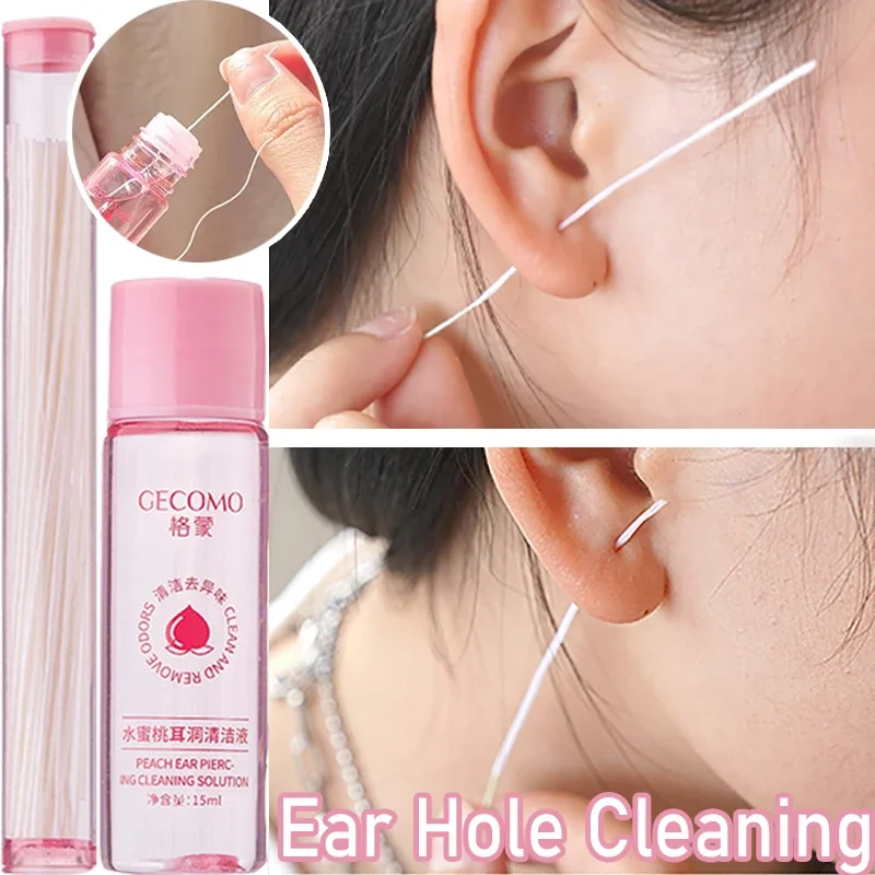 Pierced Ear Cleaning Set Solution Peach Flavor Floss Cotton Thread Ear Hole Aftercare Tool Kit Disposable Earrings Hole Cleaner