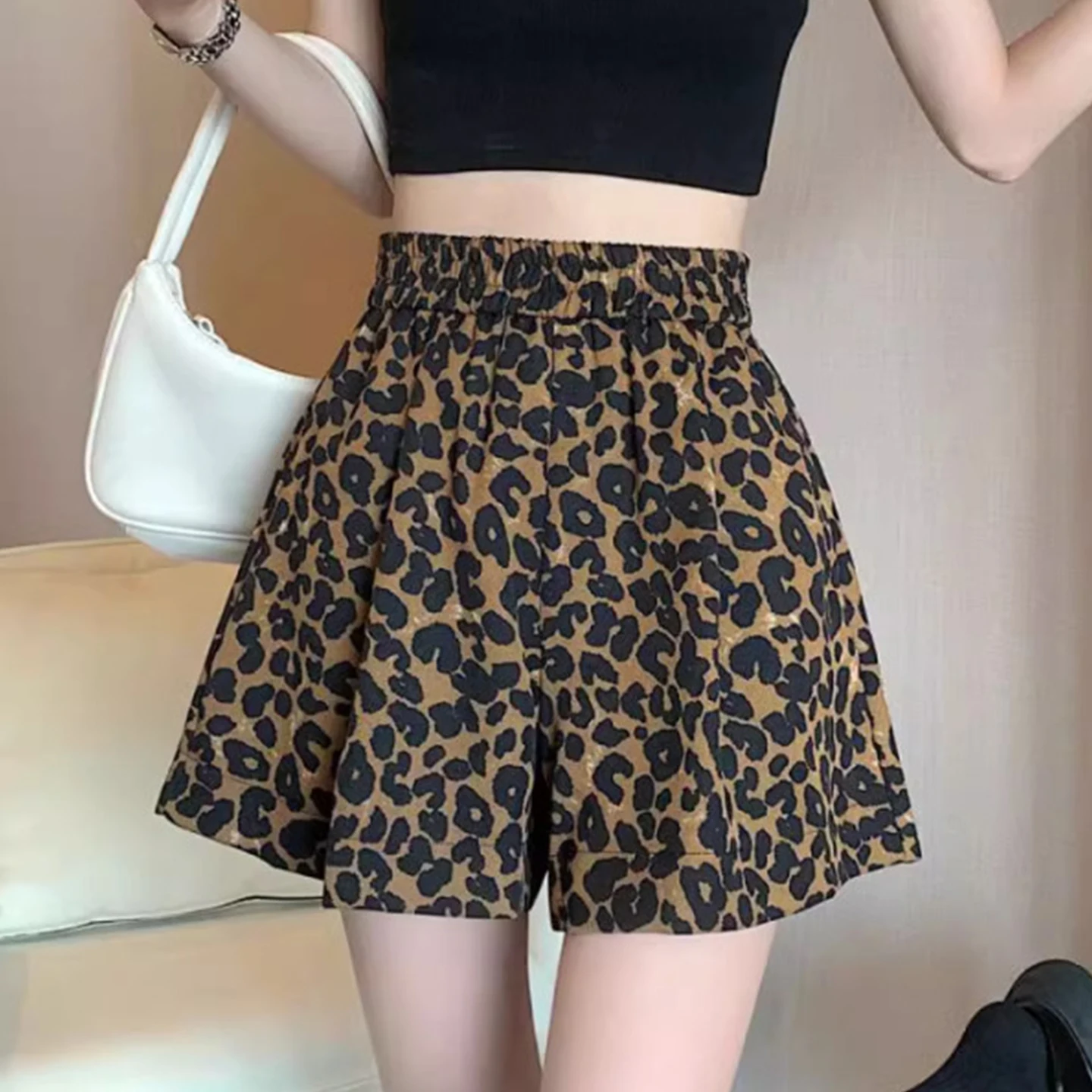 Ice Silk Leopard Print Wide Leg Shorts Women Summer Thin Large Size Loose Running Sport Hot Pants High Waist Straight Cut
