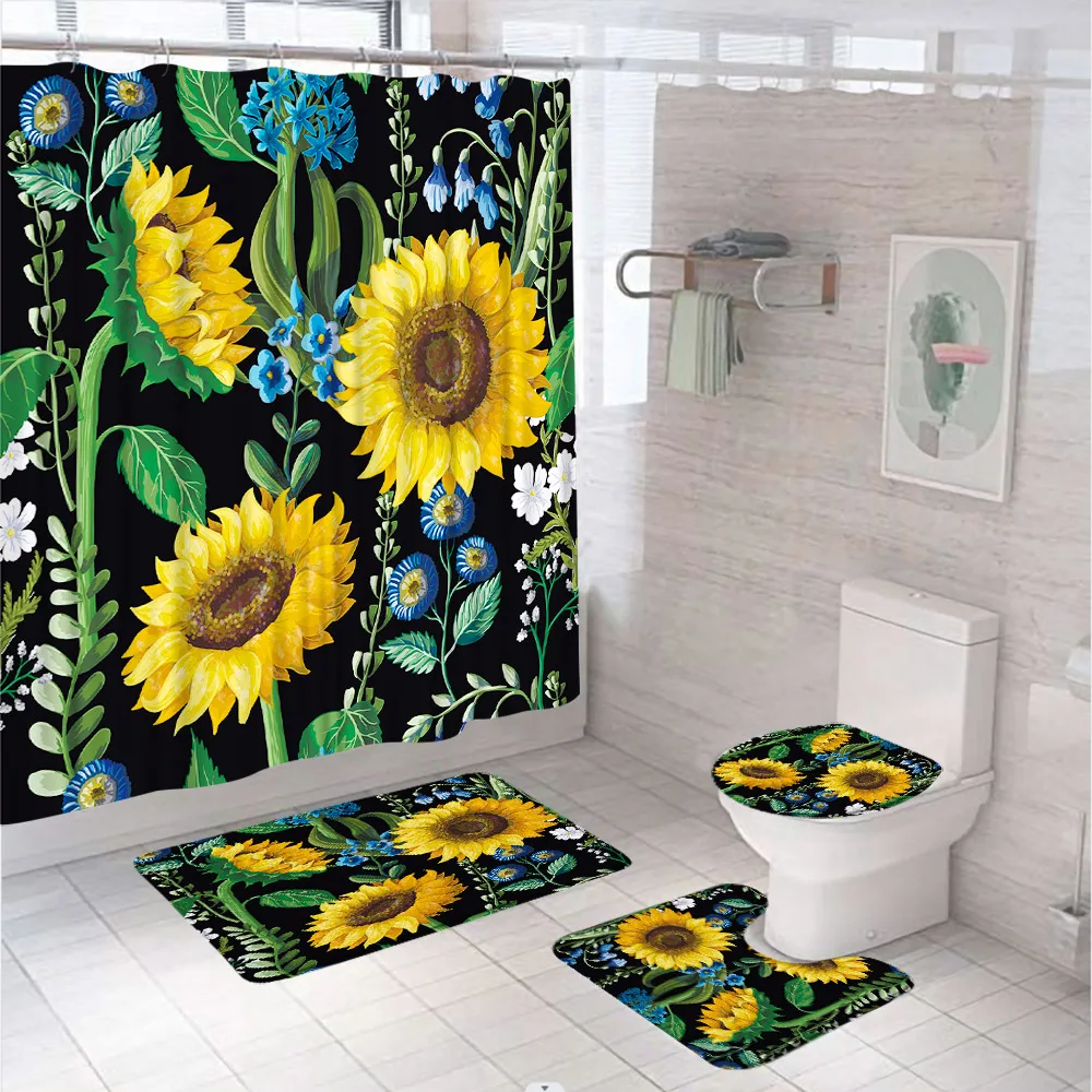 4Pcs Flowers Sunflower Shower Curtain Sets Modern Country Scenery Bathroom Curtains Non-Slip Bath Mat Pedestal Rug Toilet Covers