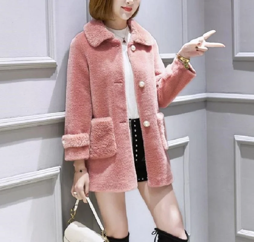 Light luxury women\'s wool shearing coat, 100% real wool coat, fashion Warm and slim fit button pocket, spring autumn winter, new