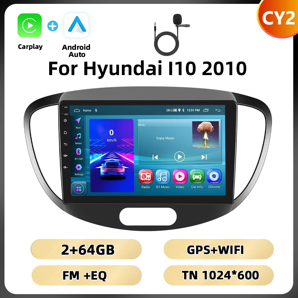 Podofo 8 + 128G 9 ''Autoradio Voor Hyundai I10 2010 Multimedia Speler Android Auto Carplay 8Core spiegel Link Bluetooth WIFI 4G RDS - afbeelding 1