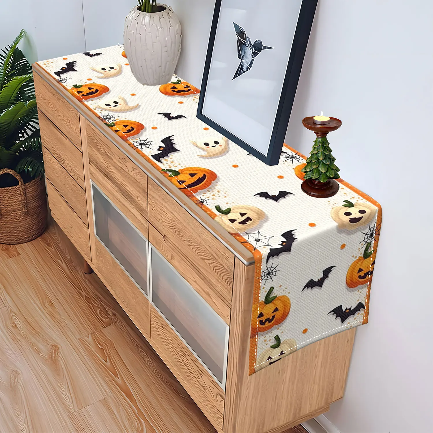 قطعة واحدة من مفرش طاولة بطابع الهالوين مع أنماط اليقطين والشبح والخفافيش، مناسبة لحفلات الهالوين وديكورات العطلات #5