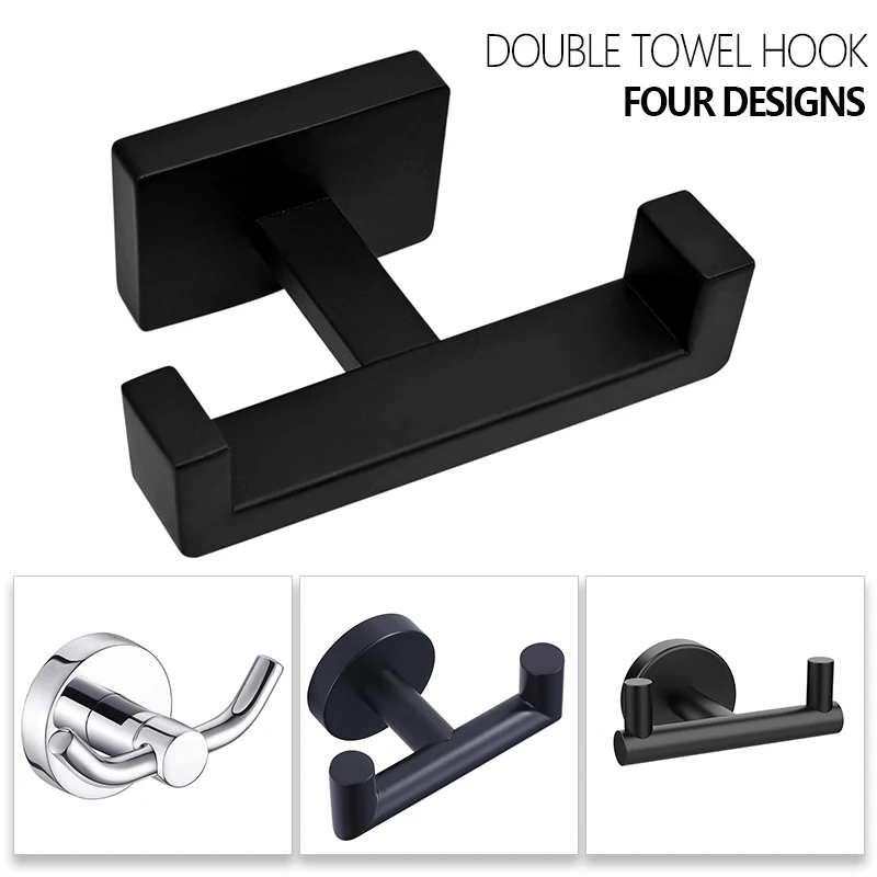 Double Towel Hook Stainless Steel Heavy Duty Wall Mounted Square Robe Coat Hooks Bathroom Kitchen Living Room Black