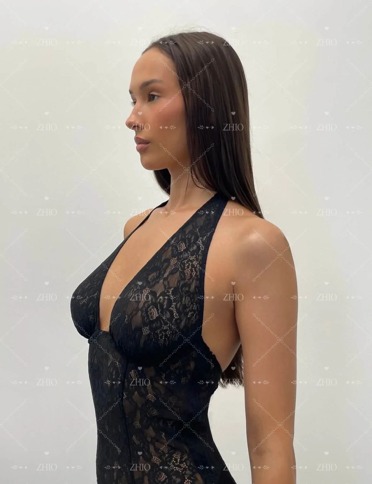 ZHIO Elegante abito da sera nero Halter Backless in raso con sirena in pizzo Lunghezza pavimento Occasioni formali Abito da ballo per feste Personalizzato