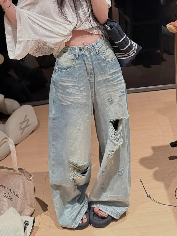 

American High Street Loose Lazy Loose Feeling Jeans Women Summer New Style Spicy Girl Weathered Hole Long Pants