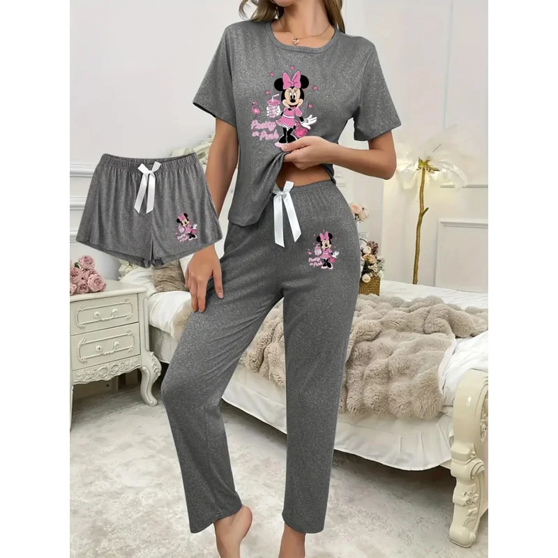 

3pcs Minnie Mouse Short Sleeve Long Pants Pajama Set, Cartoon Print Pattern Comfortable Casual Polyester Spring/Summer Pajamas