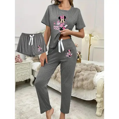 3pcs Minnie Mouse Short Sleeve Long Pants Pajama Set, Cartoon Print Pattern Comfortable Casual Polyester Spring/Summer Pajamas