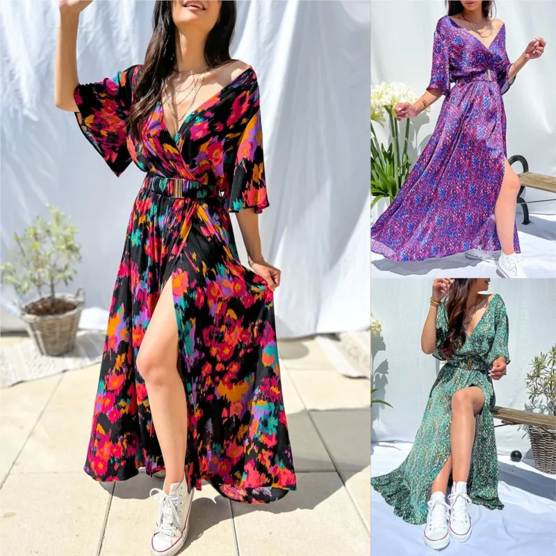 

Long Dresses for Women Elegant Print Sexy V-neck Large Swing Party Evening Dress Vestidos Fashion Para Mujeres Casual Clothes