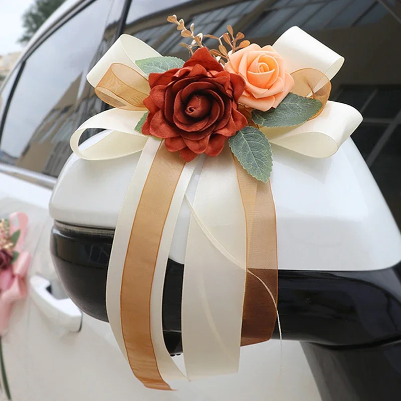 1PC Wedding Car Rearview Mirror and Flower Door Handle Bow Decoration Chair Back Flower Simulation Flower Wedding Banquet Party