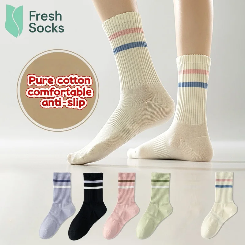 5Pair Woman Crew Toe Winter Socks Mid Tube Striped Comfortable Cotton Stockings Autumn Sweat Absorbing High-Quality Socks Sports