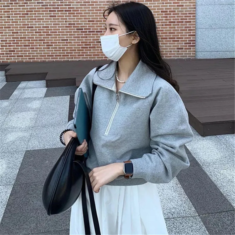 Autumn Long-sleeved Polo Collar Sweatshirts Women New Zipper Solid Color Basic Tops Female Elegant Apricot Pullovers