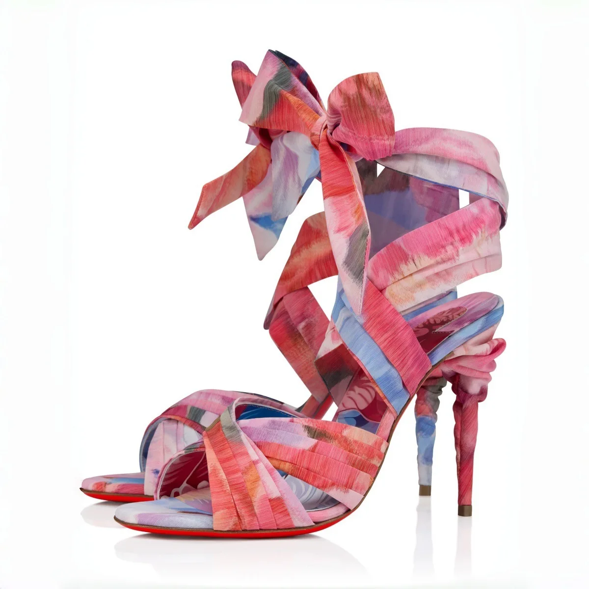 Women's Watercolor Print Ankle Wrap Bow Stiletto Sandals Twisted Spiral High Heels Open Toe  Luxury Designer Pumps