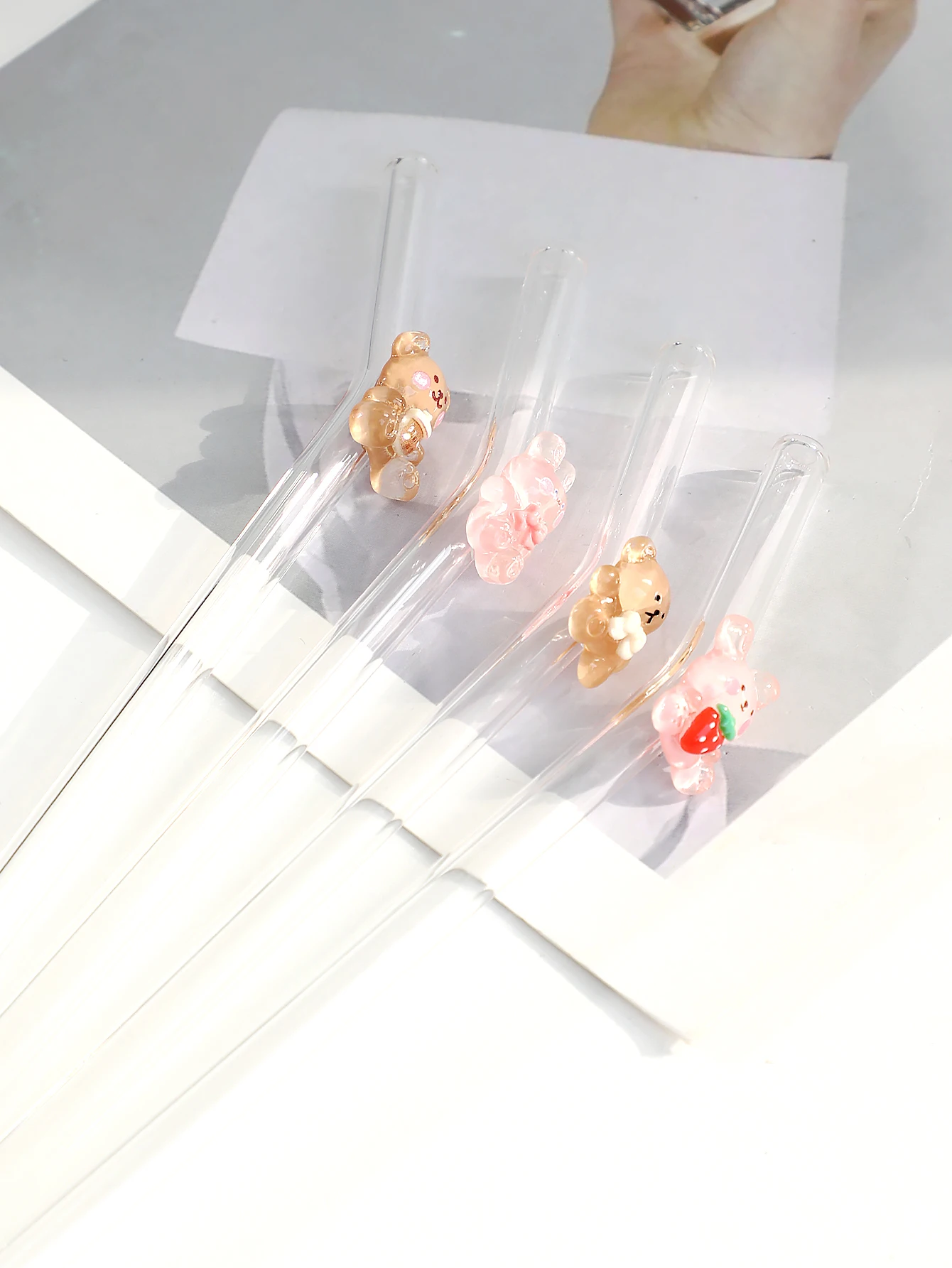 4/6PCS Cartoon Rabbit/bear Glass Straw, Transparent Bendable Drinkware for Smoothie & Cocktail, Reusable Party Supply. - view 3