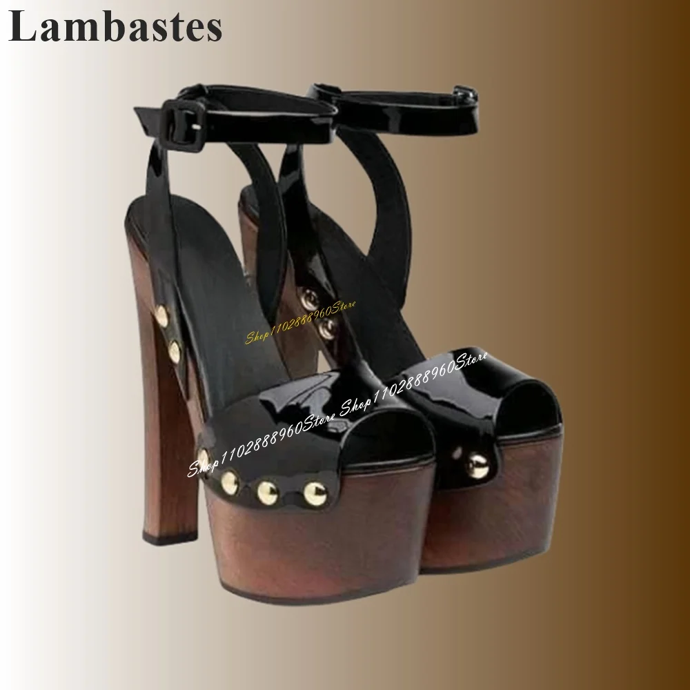 Sandali con plateau in legno nero in pelle verniciata scarpe da donna con tacco alto e tacco alto cinturino con fibbia alla caviglia Peep Toe 2024