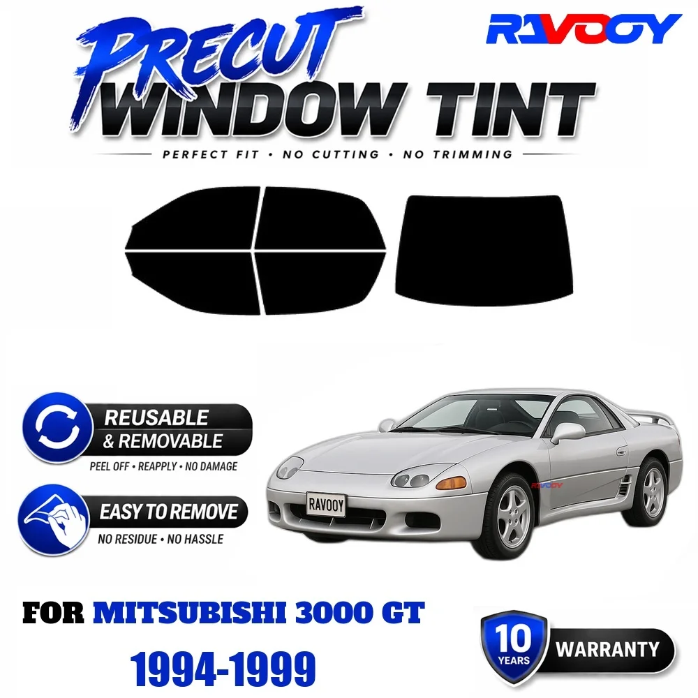 RAVOOY Precut Window Tint, Reusable Removable EPU Film, Custom Fit for Mitsubishi 3000 GT 1994-1999, UV Heat Protection