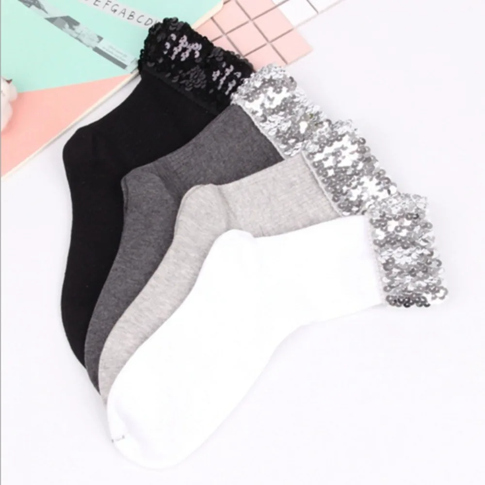 Warm Soft Cotton Thicken Solid Color Simple Casual Hosiery Short Socks Middle Tube Hosiery Girls Glitter Socks