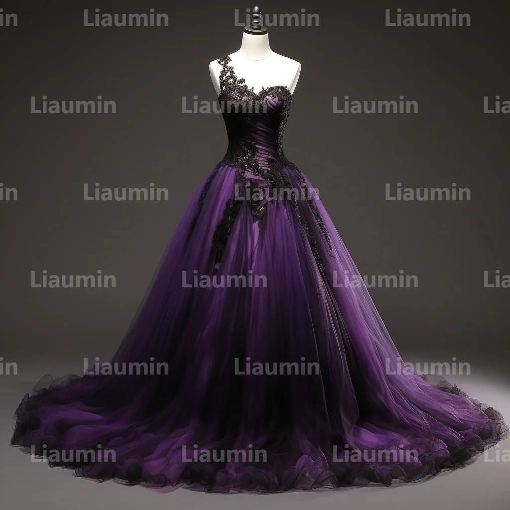 Purple Tulle And Black Lace Strapless Evening Dress Prom Gowns A Line Full Length Formal Brithday Party Skirt Lace Up Back A2-3