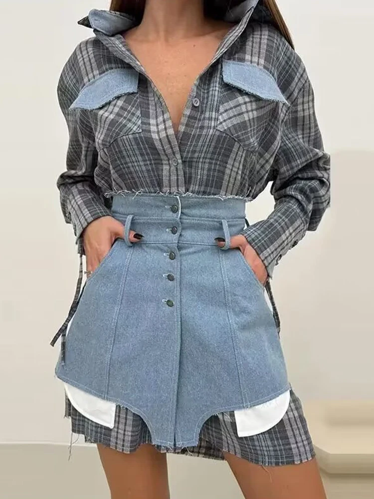 

European and American style new women's clothing fashionable plaid patchwork long-sleeved shirt top mini skirt two-piece suit
