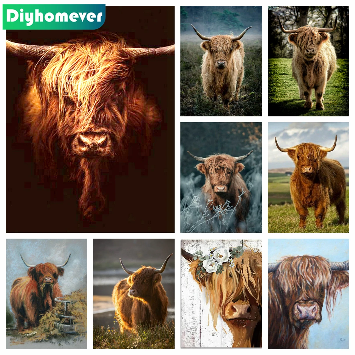 Highland Cow Diamond Embroidery Painting Highland Cattle Bull Animal Diamond Mosaic Art Cross Stitch Kit Home Decor CraftGift