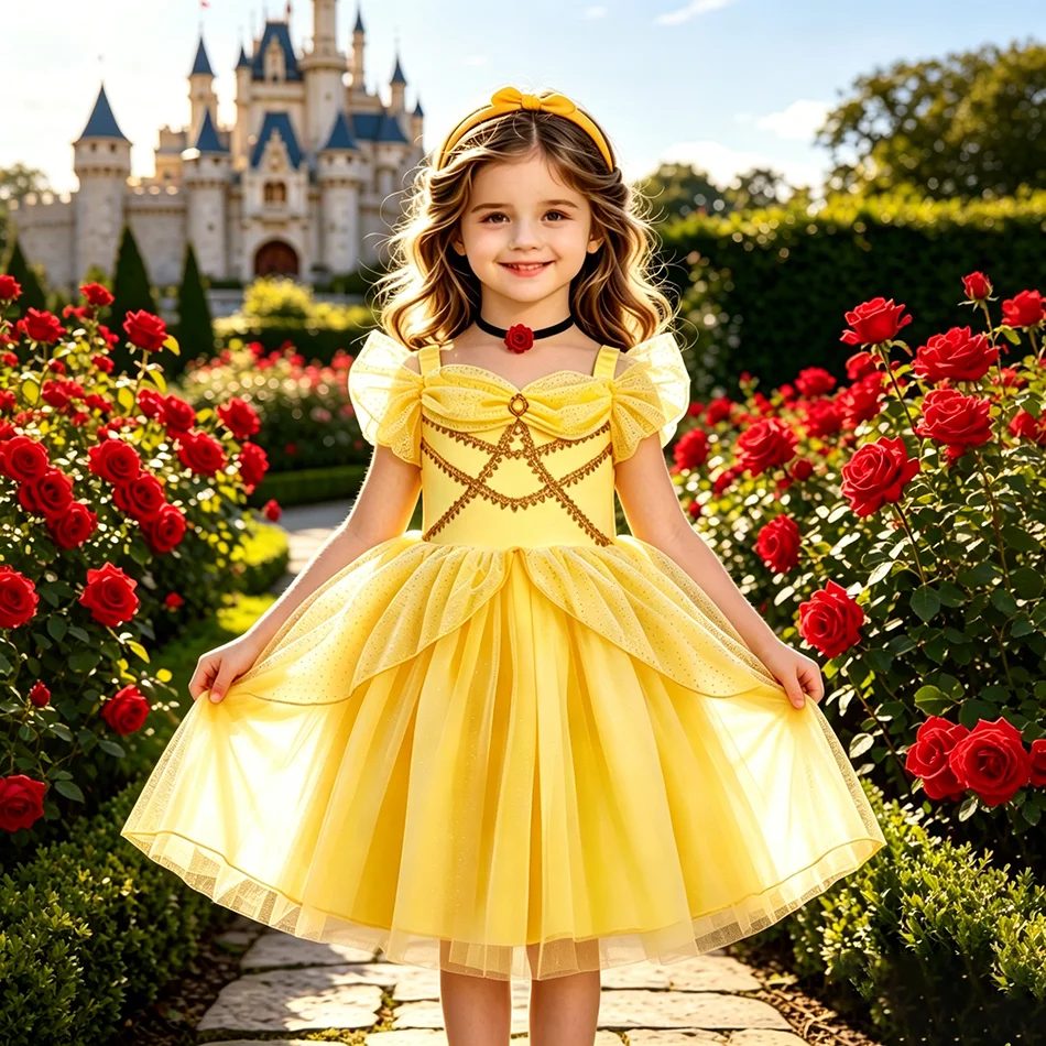 Mädchen Puff Belle Dress Up Tüll Prinzessin Kleid Kinder Glitzerndes Ballkleid Geburtstagsfeier Outdoor Fotoshooting Halloween Kostüme ZD36