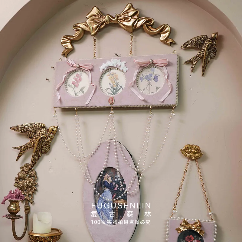 Vintage Forest Handmade Pink Velvet Photo Wall Painting Frame Wall Hanging B&B Decoration European Pearl Fringe Photo Frame