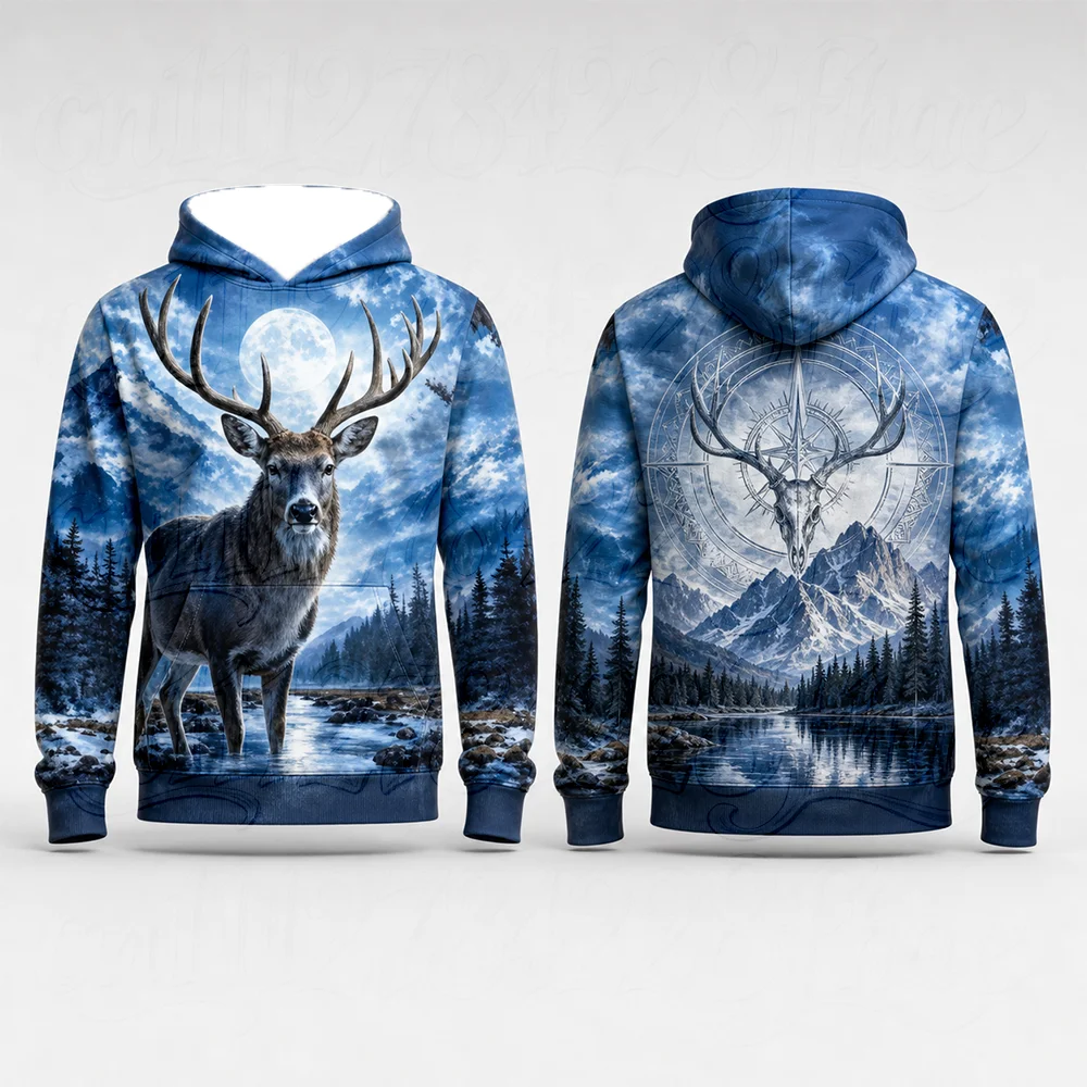 Vibrant Parent-Child Elk Deer 3D Printed Hoodies Winter Forest Graphic Long Sleeve Sweatshirt Christmas Aesthetic Pullover Tops
