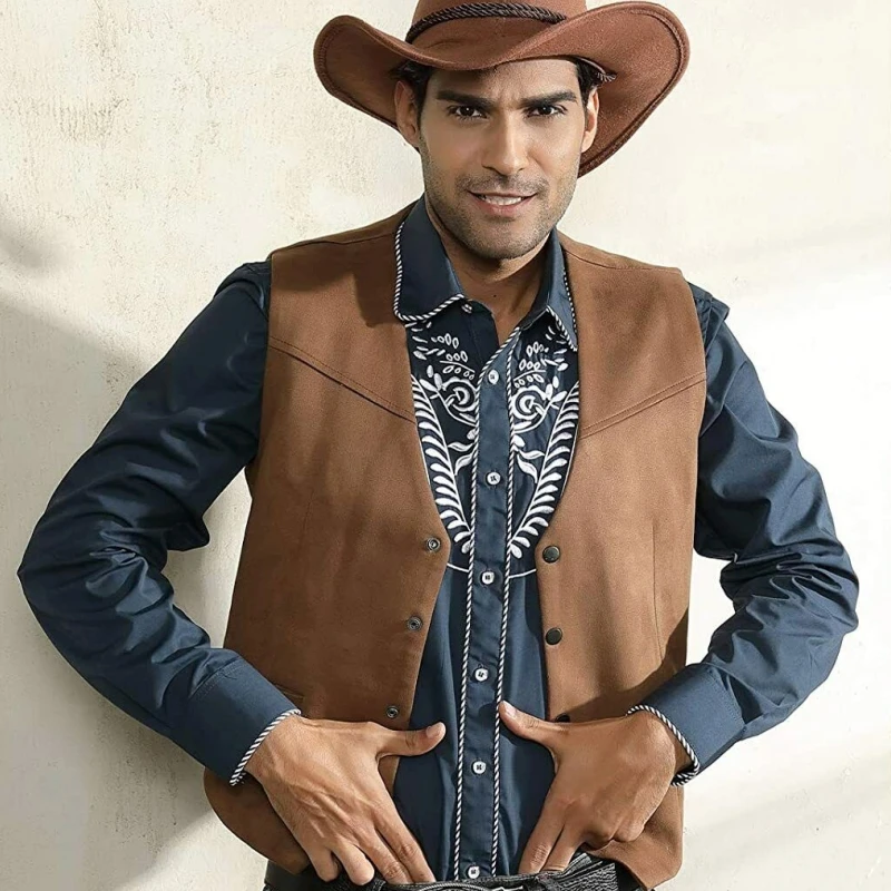 

Men Vest Brown Suede Leather Casual Western Cowboy Waistcoat For Wedding Party Banquet Work Men Suit Vest